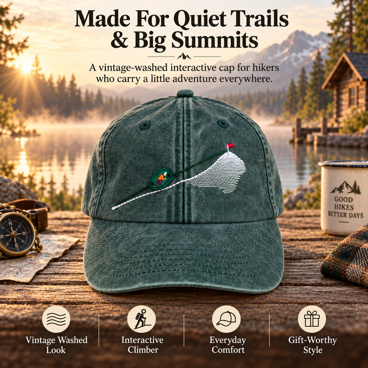 Vintage washed green interactive mountain climber cap