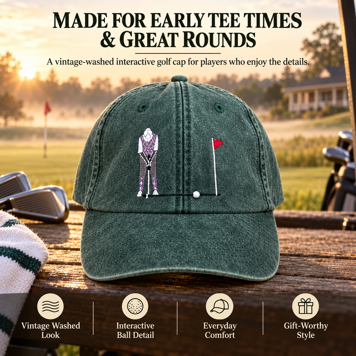 Vintage-washed green interactive golf ball cap