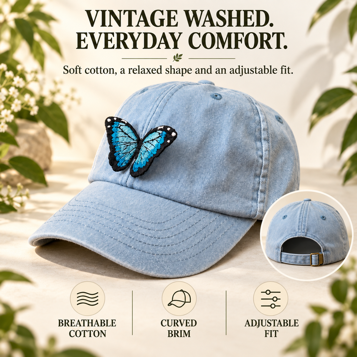 Vintage washed butterfly cap with breathable cotton, curved brim and adjustable buckle back