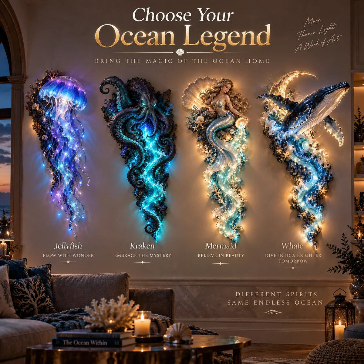 Four illuminated ocean wall decor designs displayed together