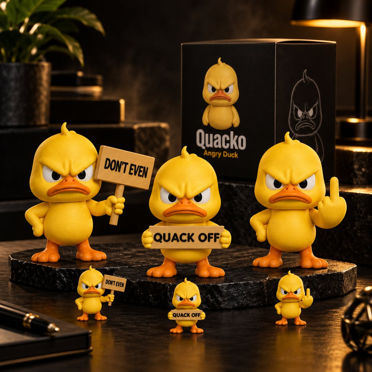 Quacko duck figurines shown in statement and mini sizes