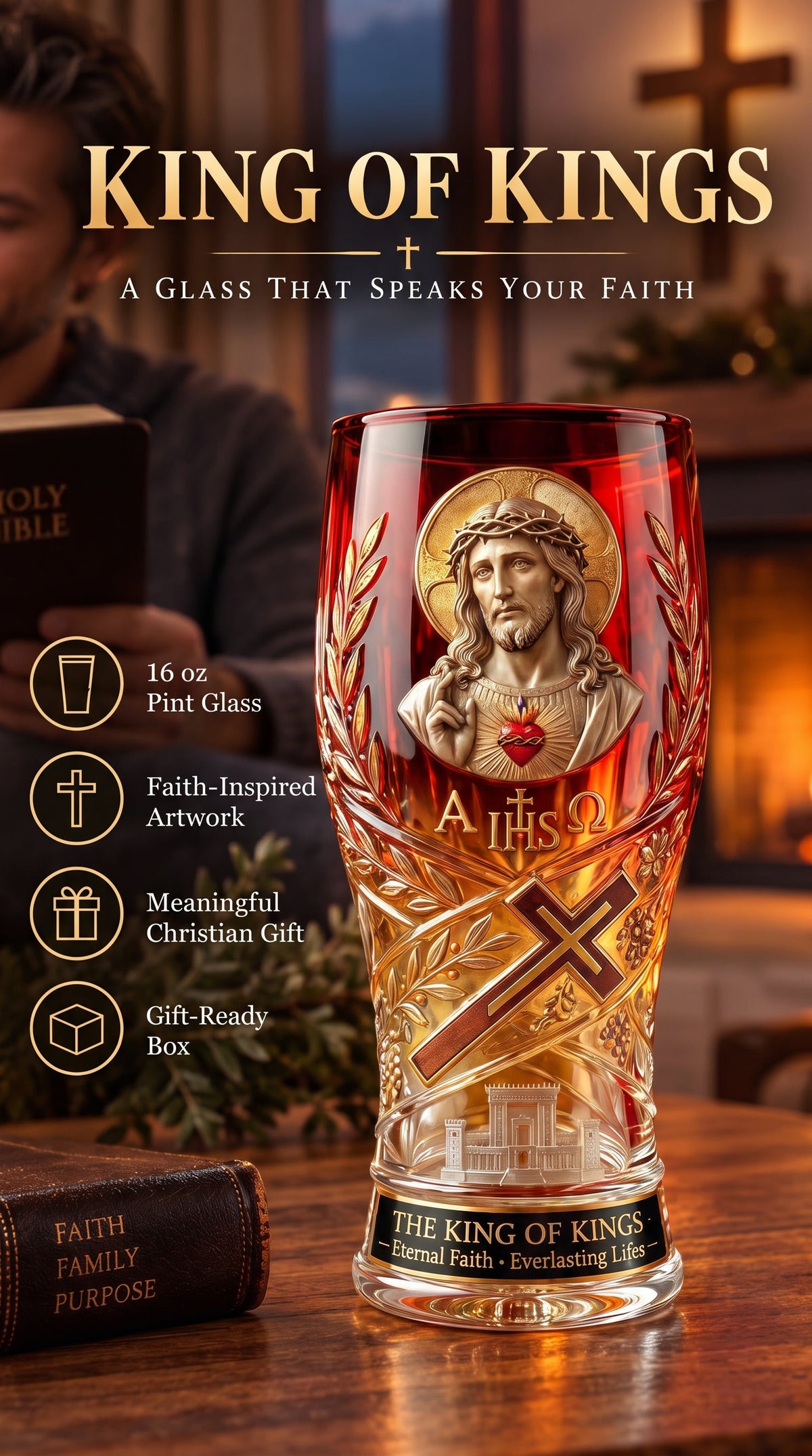 ❤️🔥Jesus Christ King of Kings Pint Glass – 16 oz Christian Faith Drinkware & Inspirational Gift
