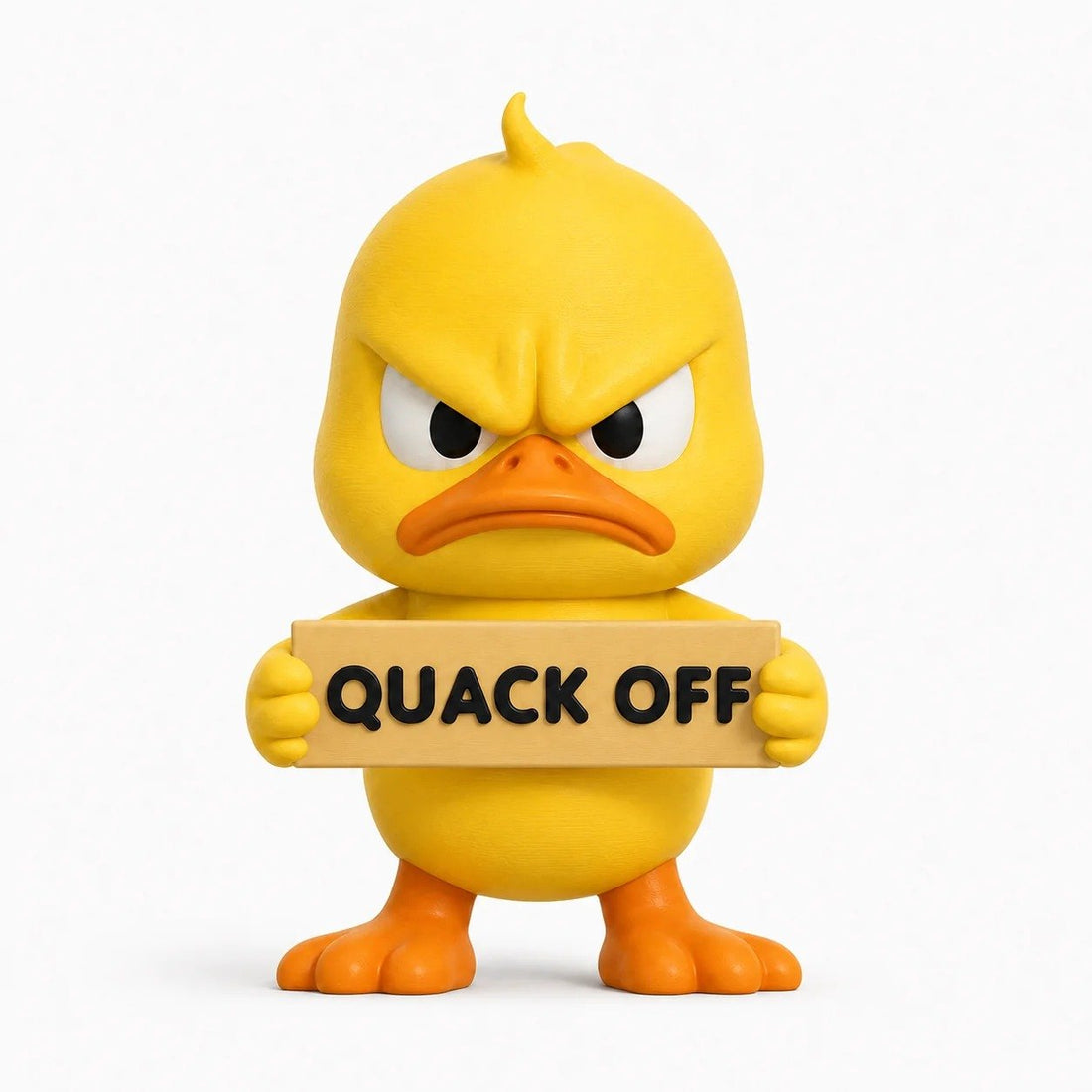 Quacko duck figurine holding a Quack Off sign