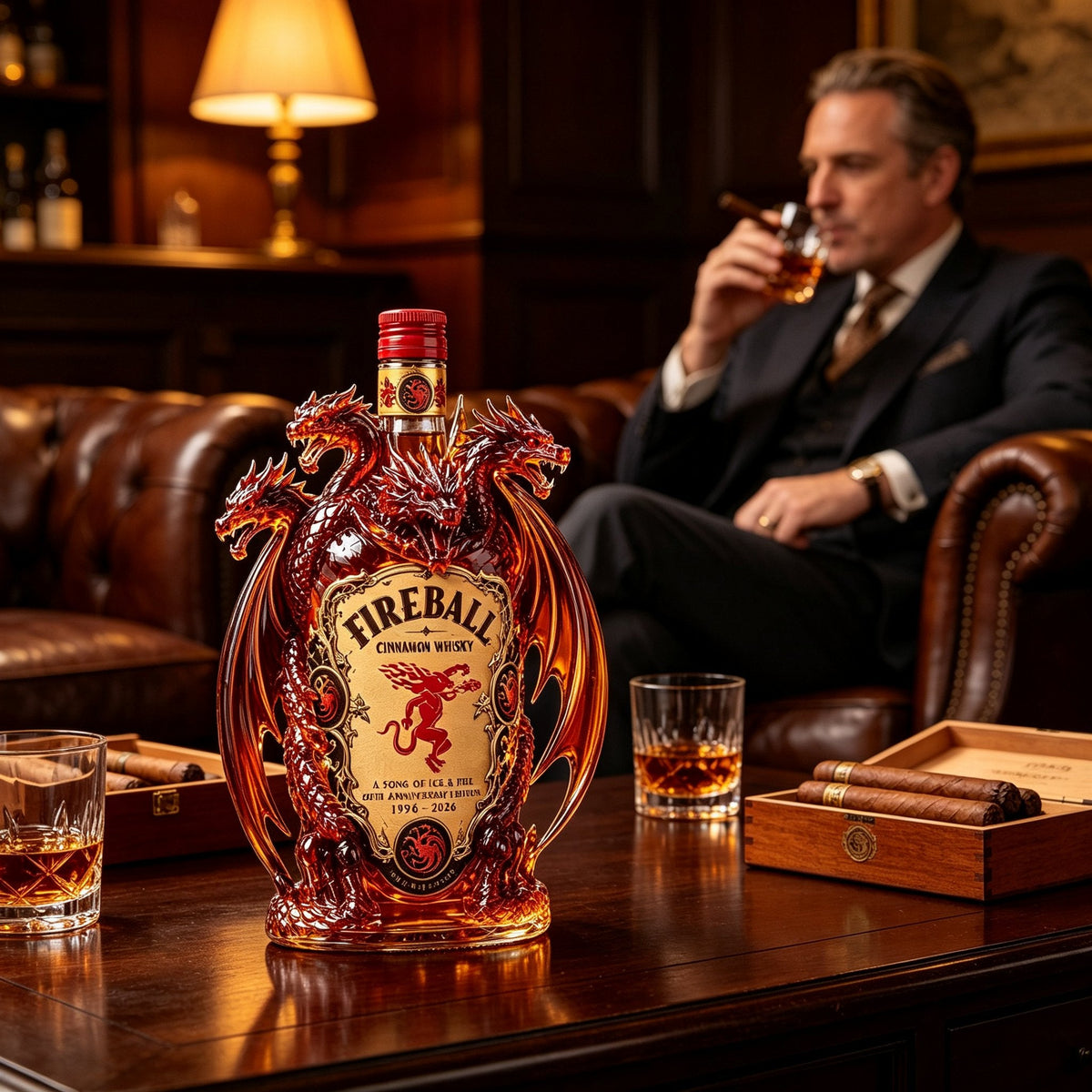 Dragon collector bottle in a sophisticated lounge setting