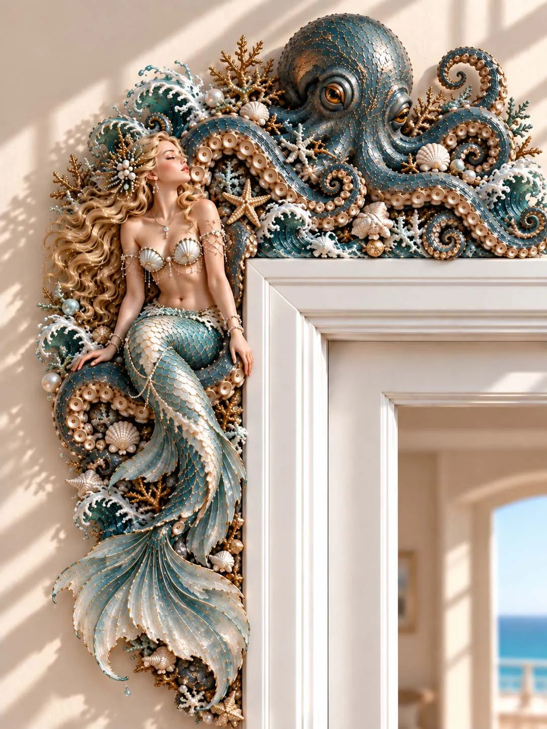 ๐ Blonde Mermaid & Giant Octopus Door Frame Decor