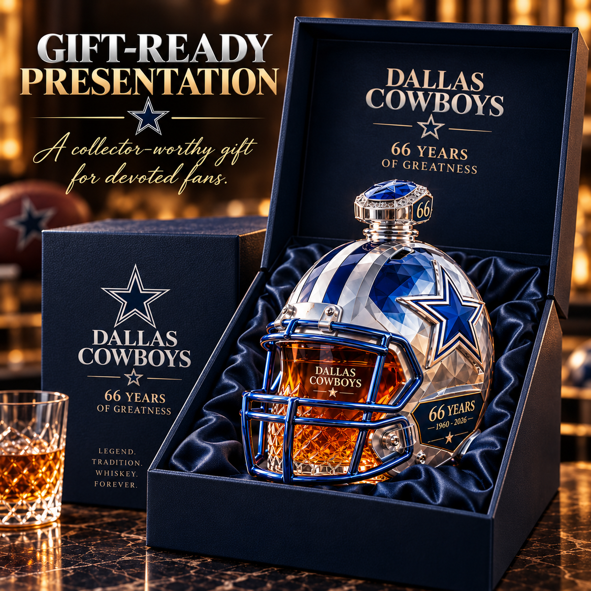 🏈💙 DALLAS Football 66th Anniversary Helmet Decanter – 1960–2026 Silver & Blue Star Commemorative Bottle