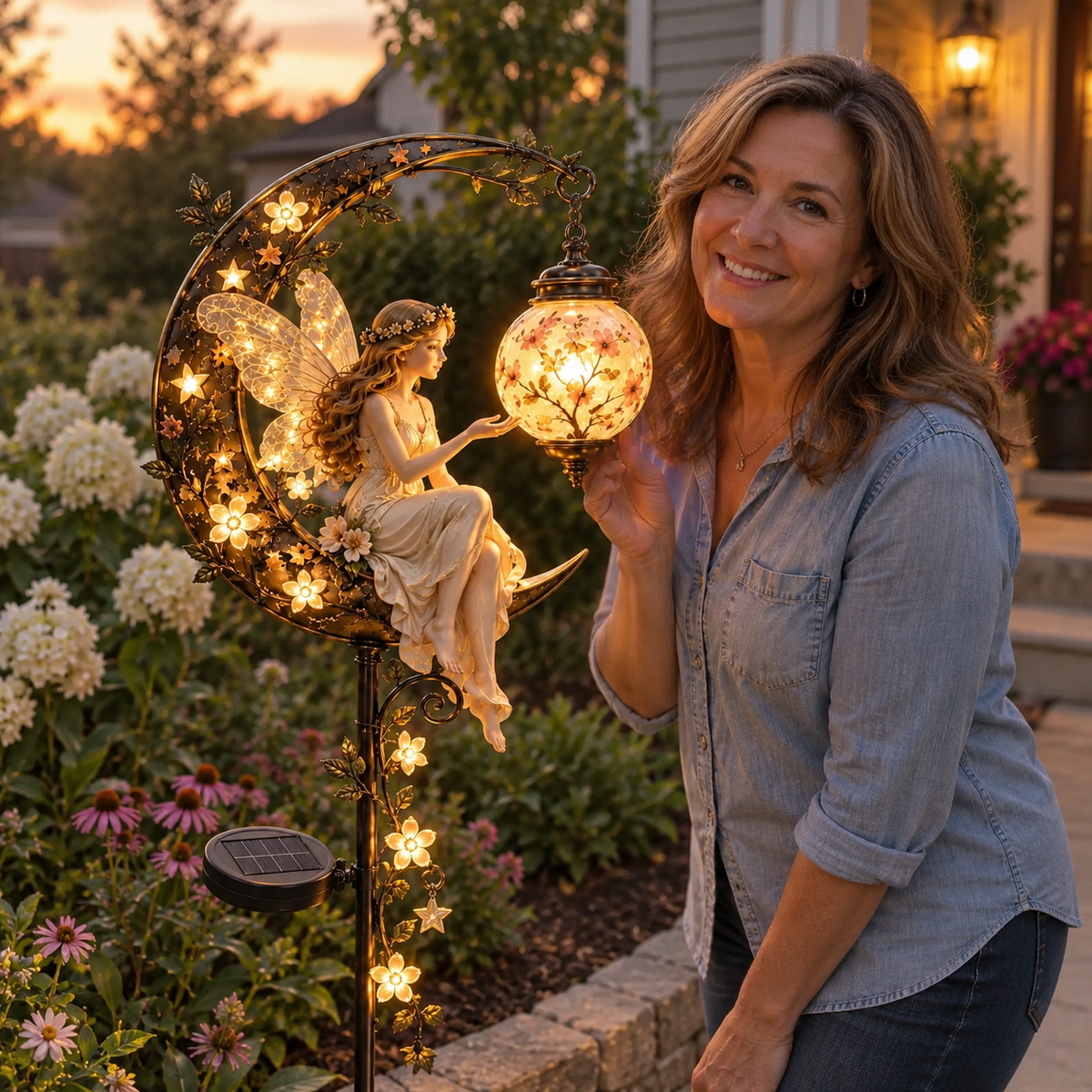 ๐งโโ๏ธ๐ Enchanted Moon Fairy Solar Garden Light | Floral Crescent Lantern Stake, Magical Outdoor Dรฉcor & Fairy Garden Accent