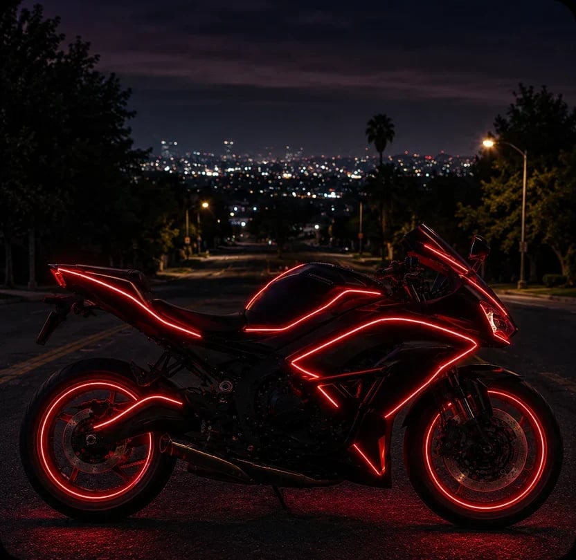 Motorcycle with red body-line illumination at night