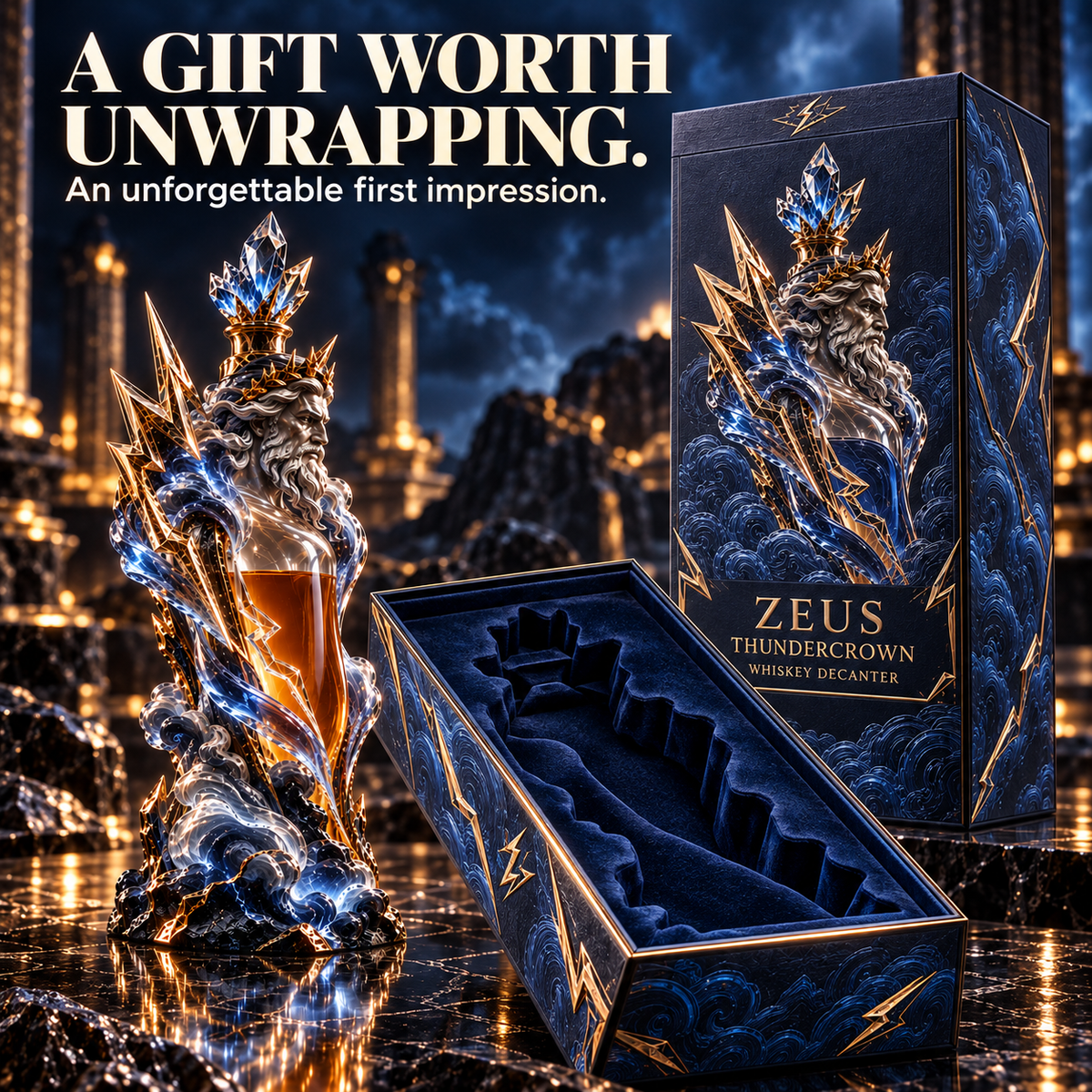 ⚡ Zeus Thundercrown Whiskey Decanter – Sculptural Bar Centerpiece
