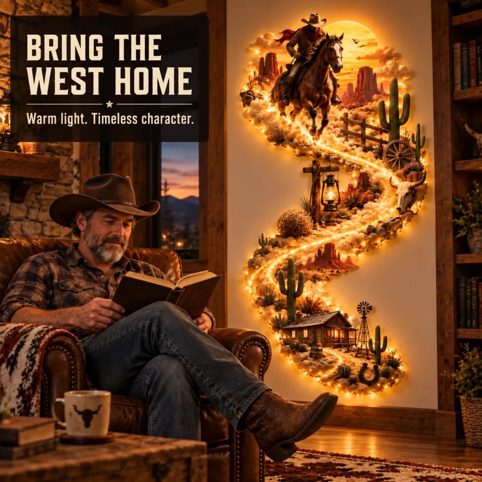 Western cowboy LED wall decor glowing beside a leather reading chair