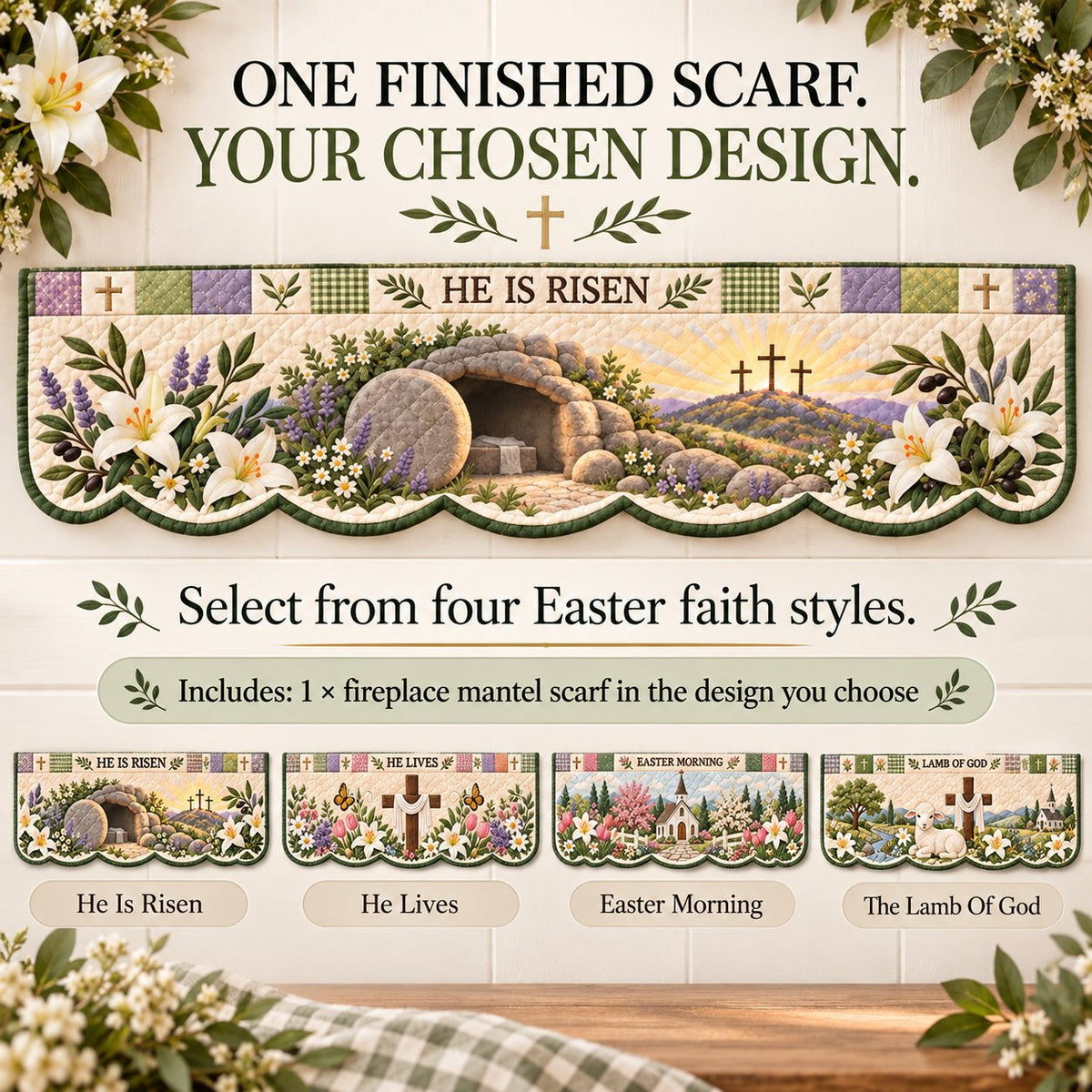 ⏳ Last Day 49% OFF – ✝️ Easter Faith Quilted Mantel Scarf | Patchwork Christian Fireplace Décor for Spring & Easter 🌷