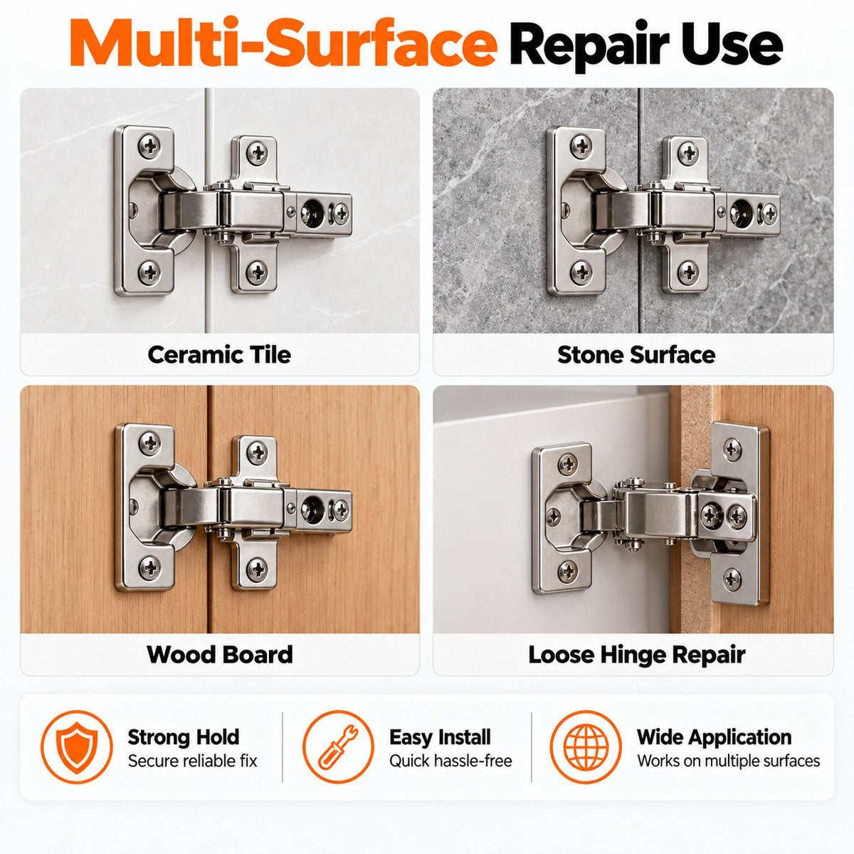Examples of expansion screw repairs on compatible wood, tile and stone surfaces