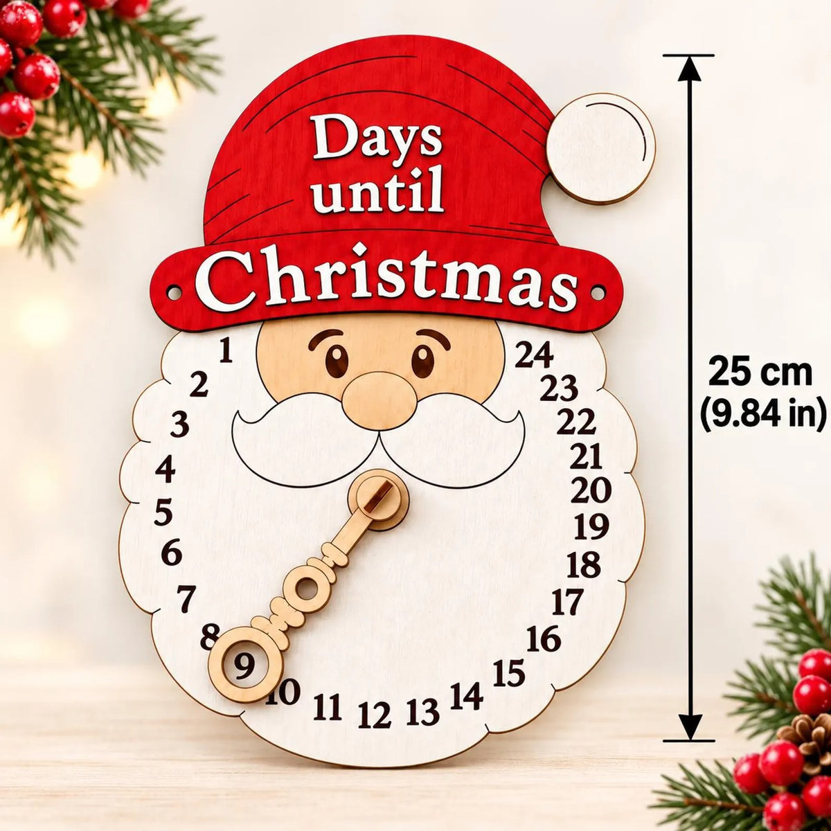 Wooden Santa Countdown Calendar, Farmhouse Christmas Wall Hanging (25cm)