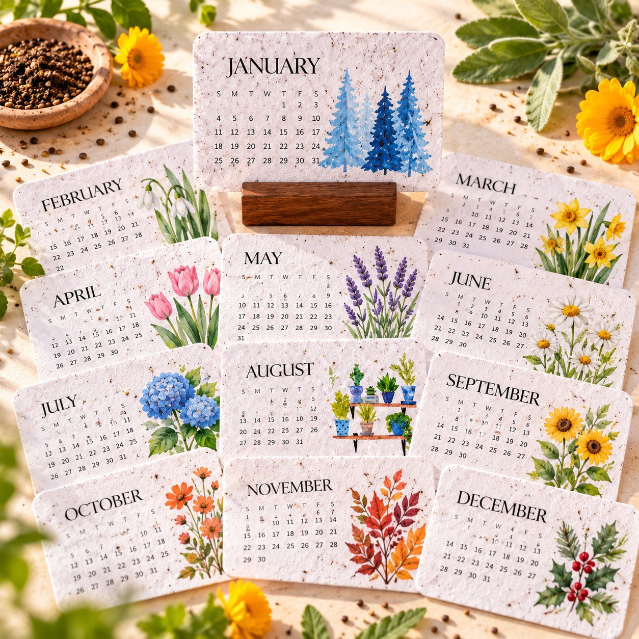 Watercolor seed-paper calendar cards showing a variety of botanical designs