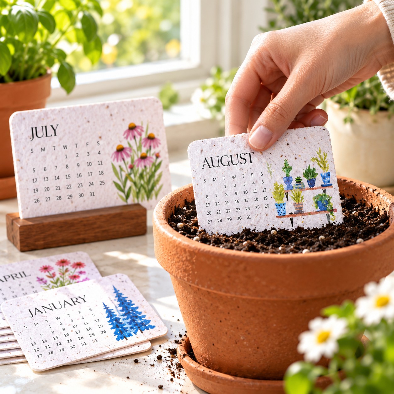A seed-paper calendar card being planted in a terracotta pot