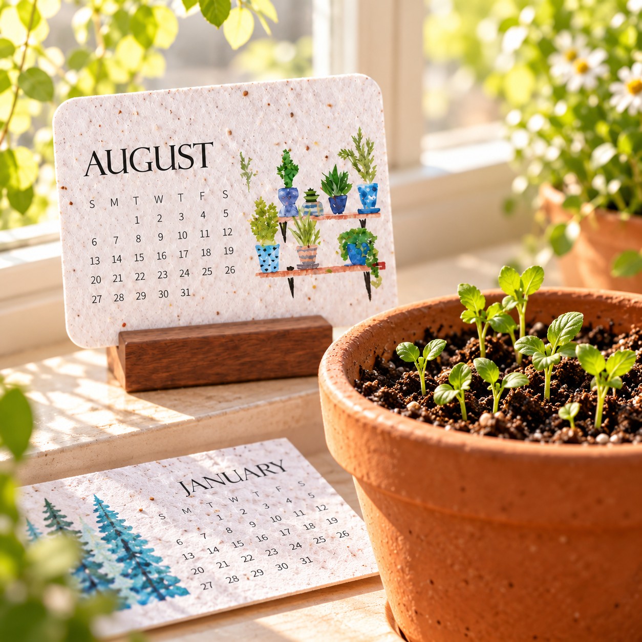 Seed-paper calendar card beside fresh sprouts in a small terracotta pot