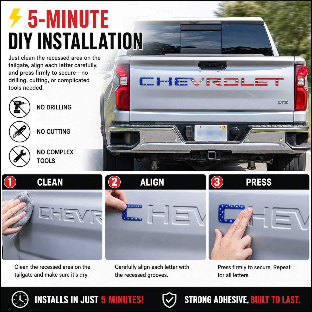 Clean, align, and press: three steps to install the raised tailgate letters