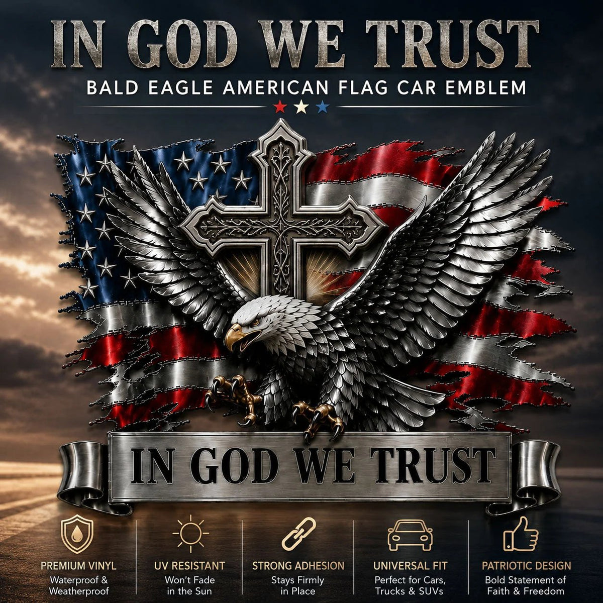🦅 In God We Trust Bald Eagle Car Emblem | American Flag Faith Badge For Proud Patriots