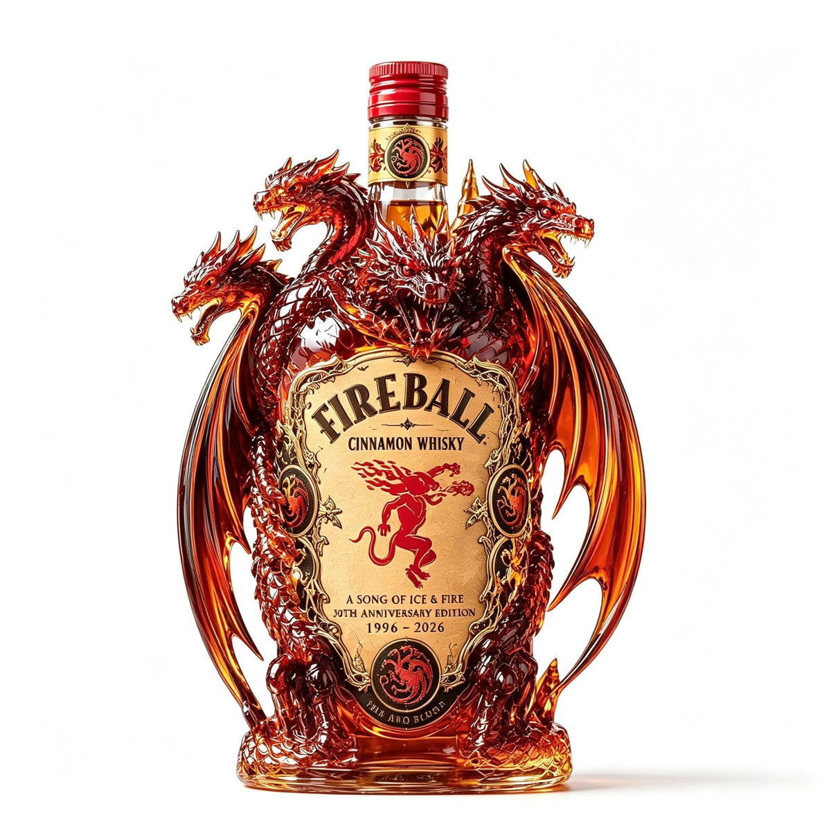 Front view of the ornate many-headed dragon collector bottle
