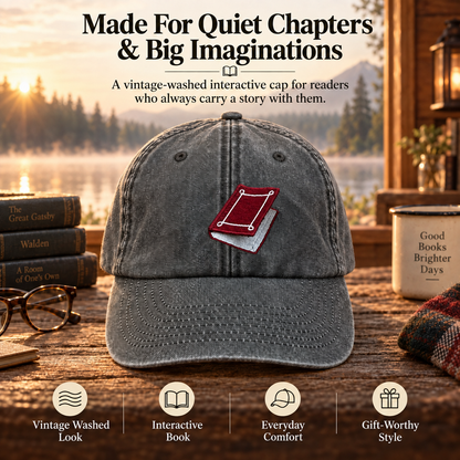 📚 Once Upon a Time Interactive Book Hat – Vintage Washed Reader Cap