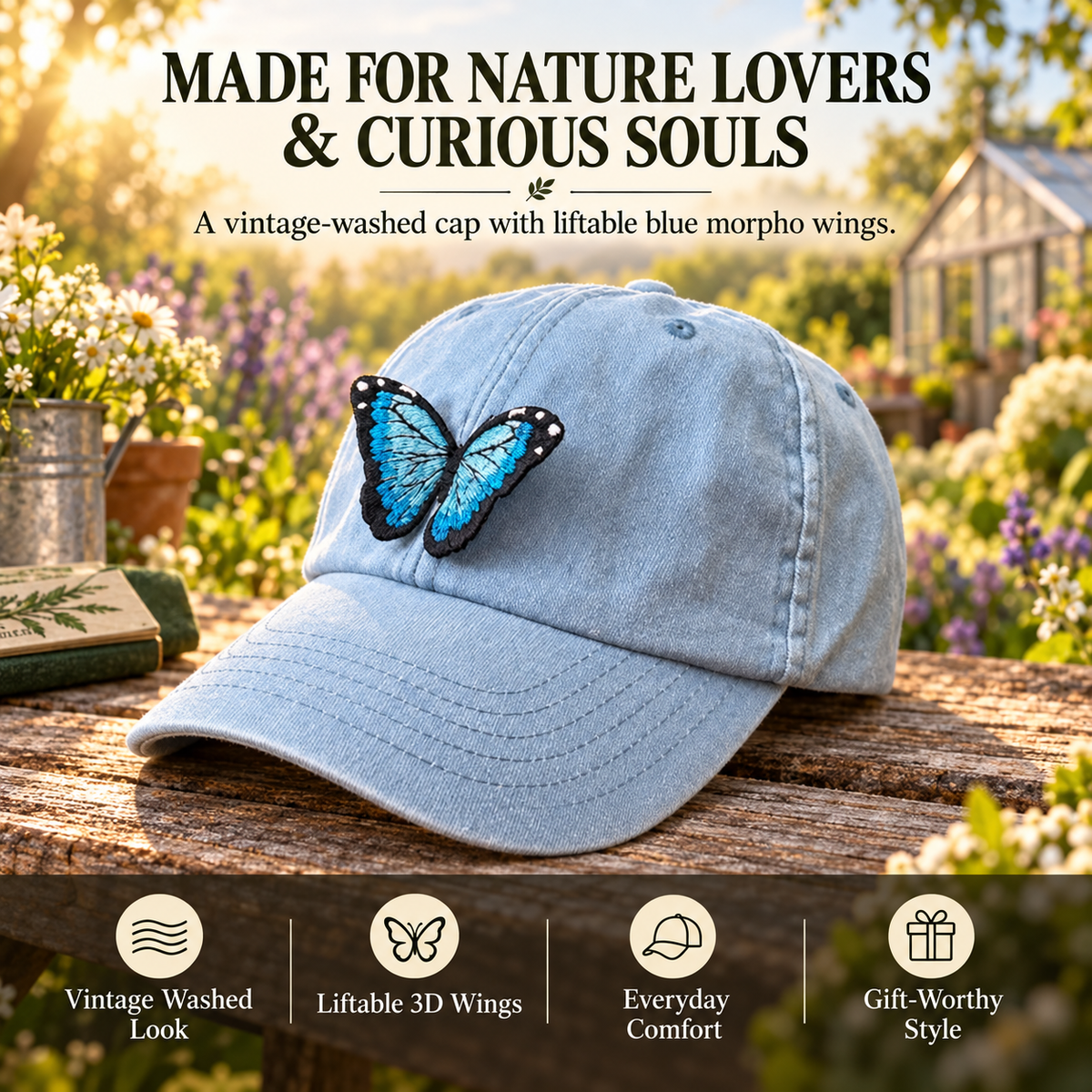 Vintage washed blue cap with dimensional blue morpho butterfly embroidery