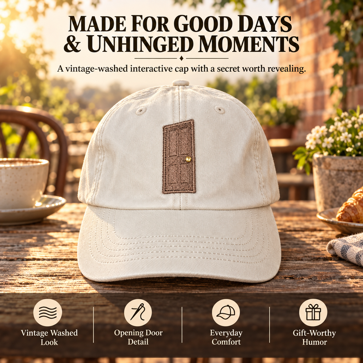 Vintage washed cream cap with embroidered interactive door detail