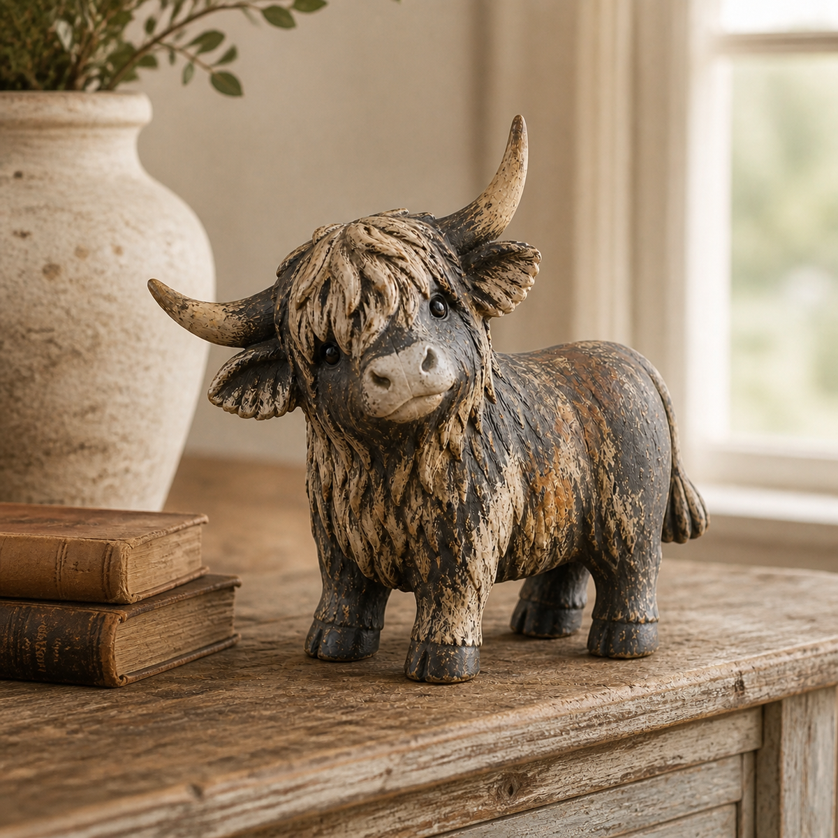 Rustic Highland cow figurine styled on a farmhouse tabletop beside vintage books