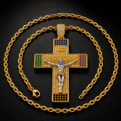 Multicolor Zircon Jesus Crucifix Gold‑Tone Stainless Steel Necklace