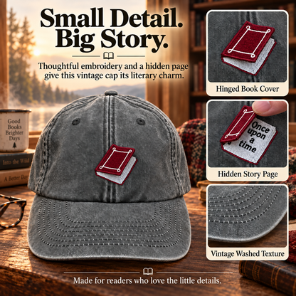 📚 Once Upon a Time Interactive Book Hat – Vintage Washed Reader Cap