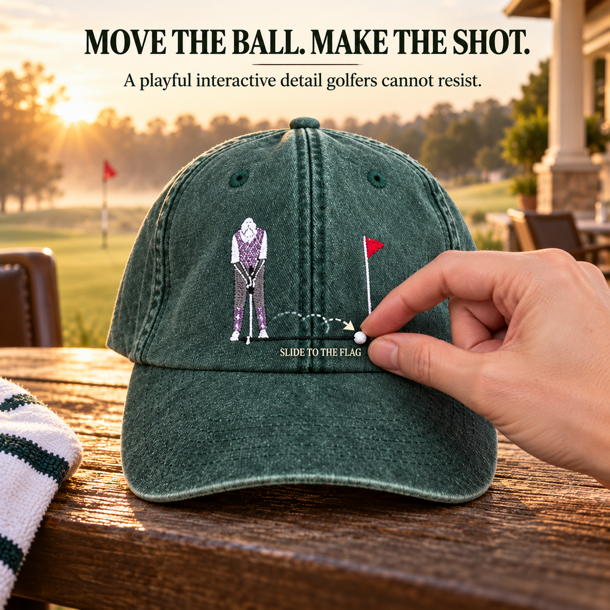 Hand sliding the interactive golf ball detail toward the embroidered flag