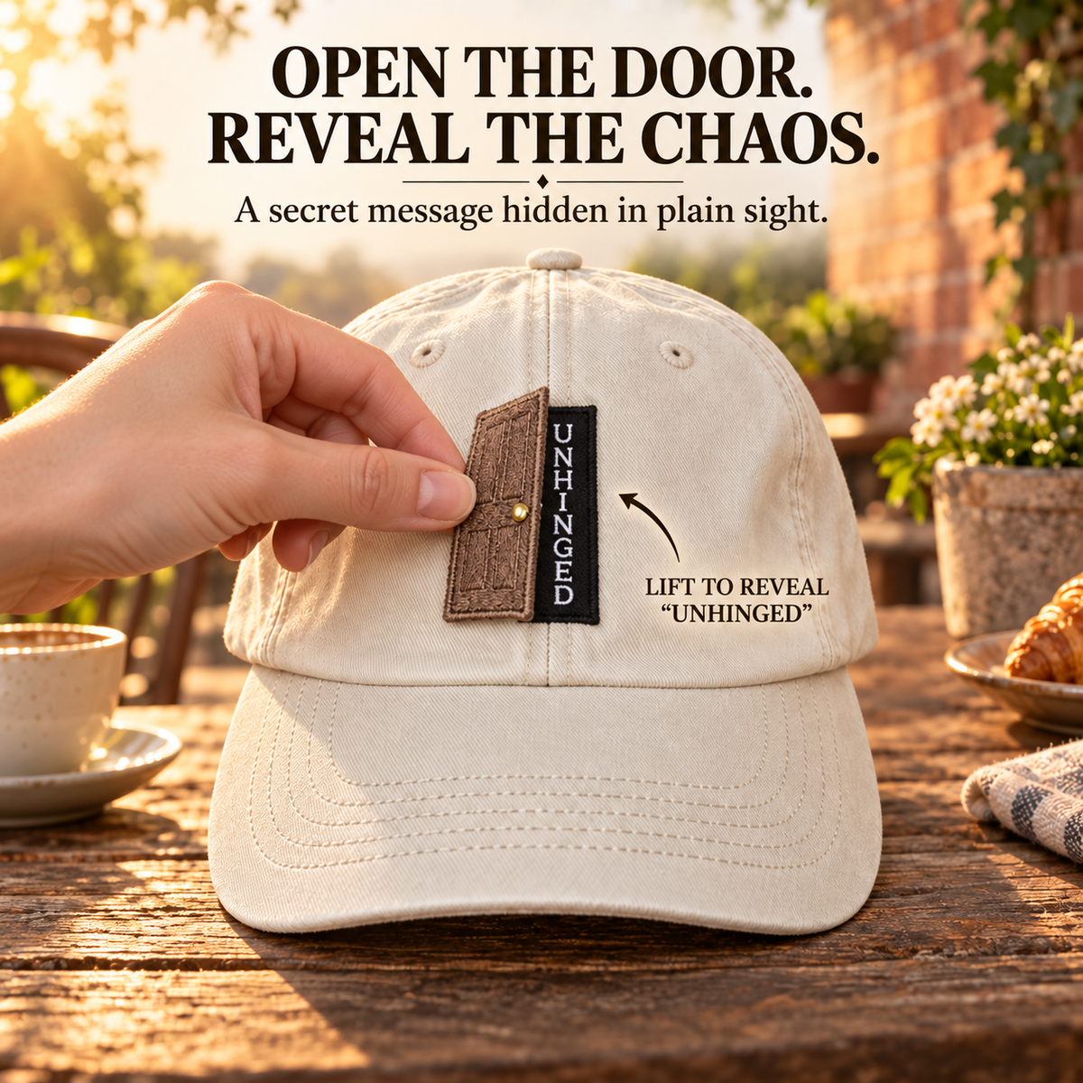 🚪 Unhinged Interactive Door Hat – Vintage Washed Secret Message Cap