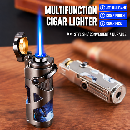 Premium 3-in-1 Jet Flame Cigar Lighter – Sleek Metallic Finish & Marble-Inspired Design