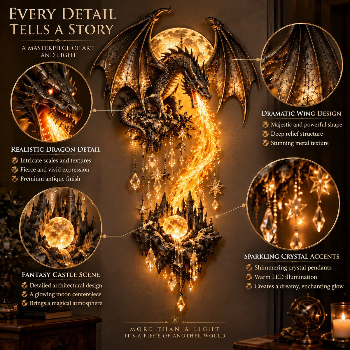 🔥 Last Day 49% OFF – 🐉 Dragonfire Moonlight Wall Lamp | Enchanted Fantasy Castle Decor 🌙