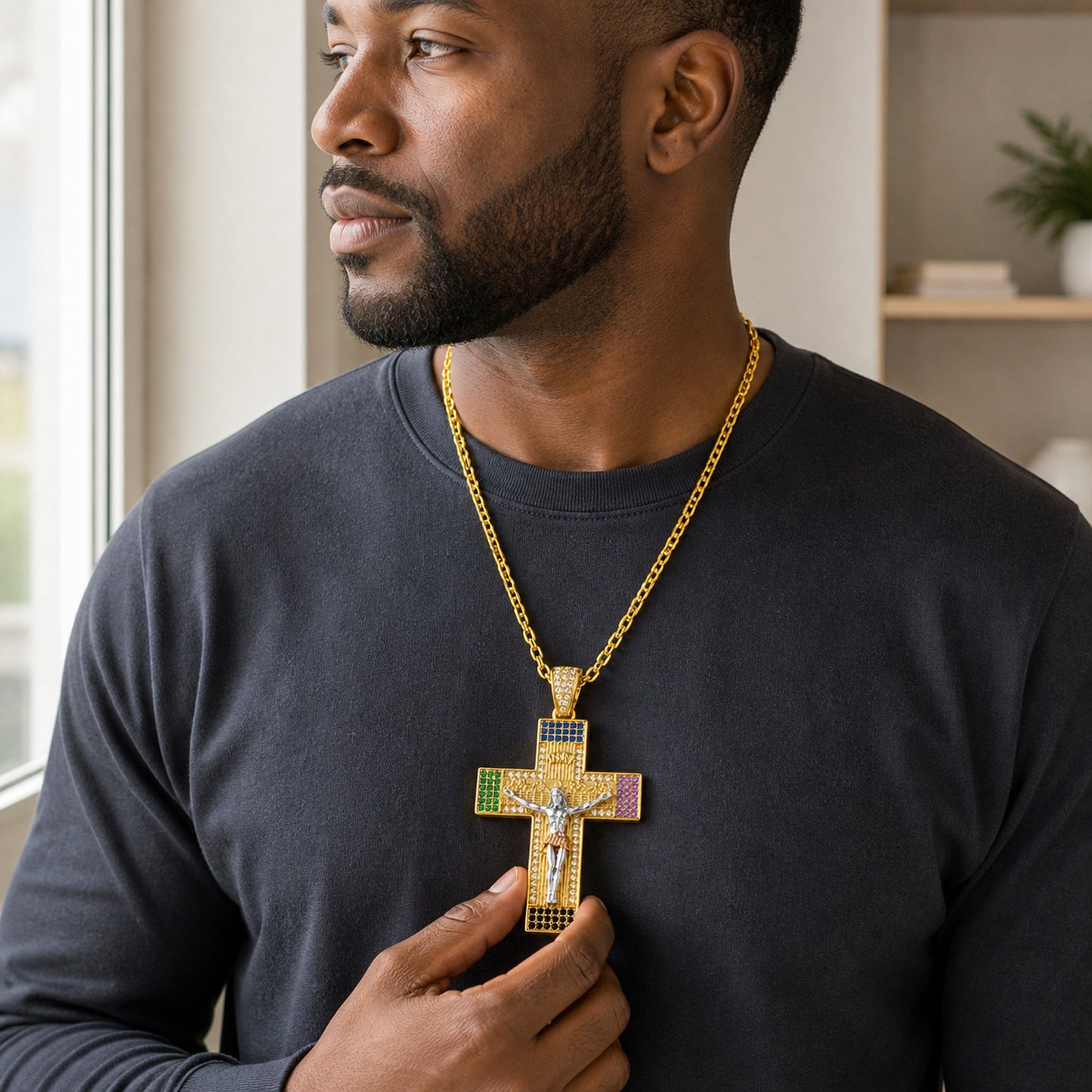Multicolor Zircon Jesus Crucifix Gold‑Tone Stainless Steel Necklace