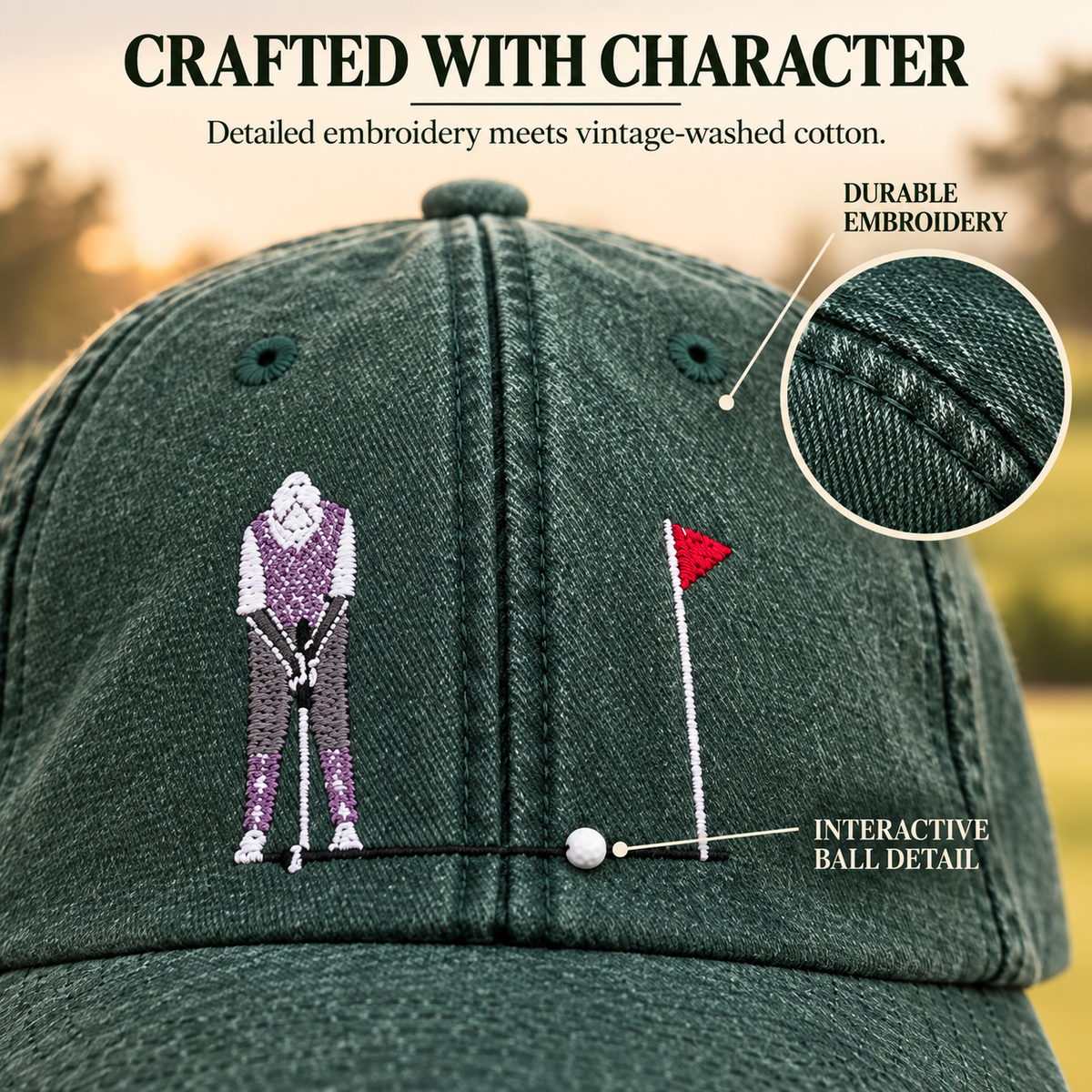 Close-up of embroidered golfer and interactive ball detail on the cap