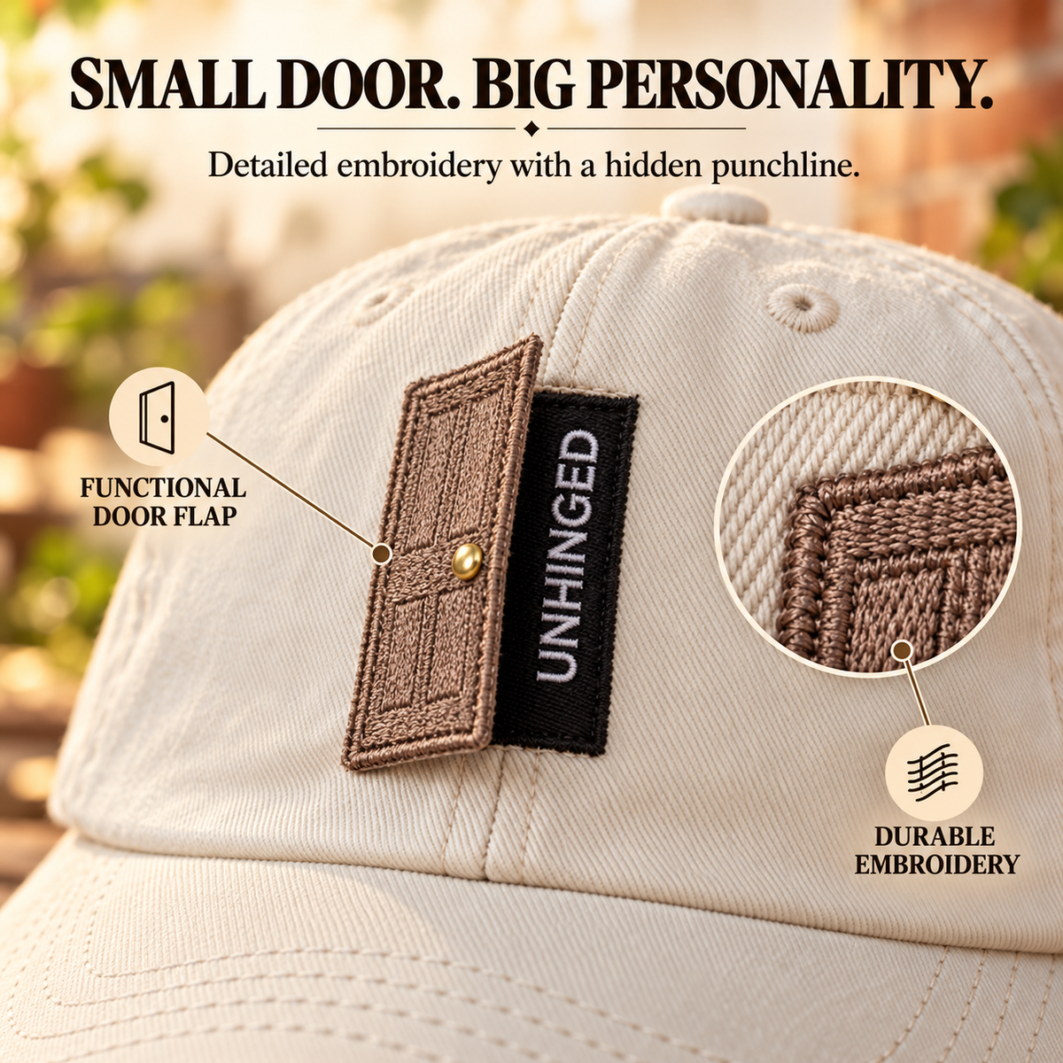 Close-up of layered embroidered door flap and hidden message on cap