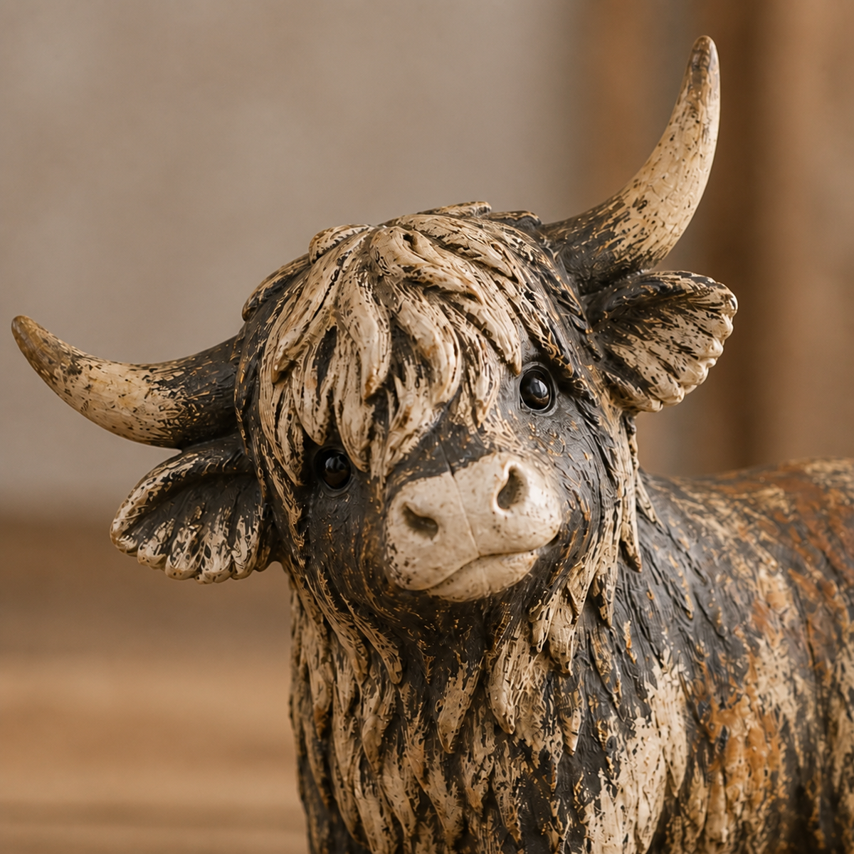 Close-up of the Highland cow figurine's tilted head, sweeping horns and gentle expression