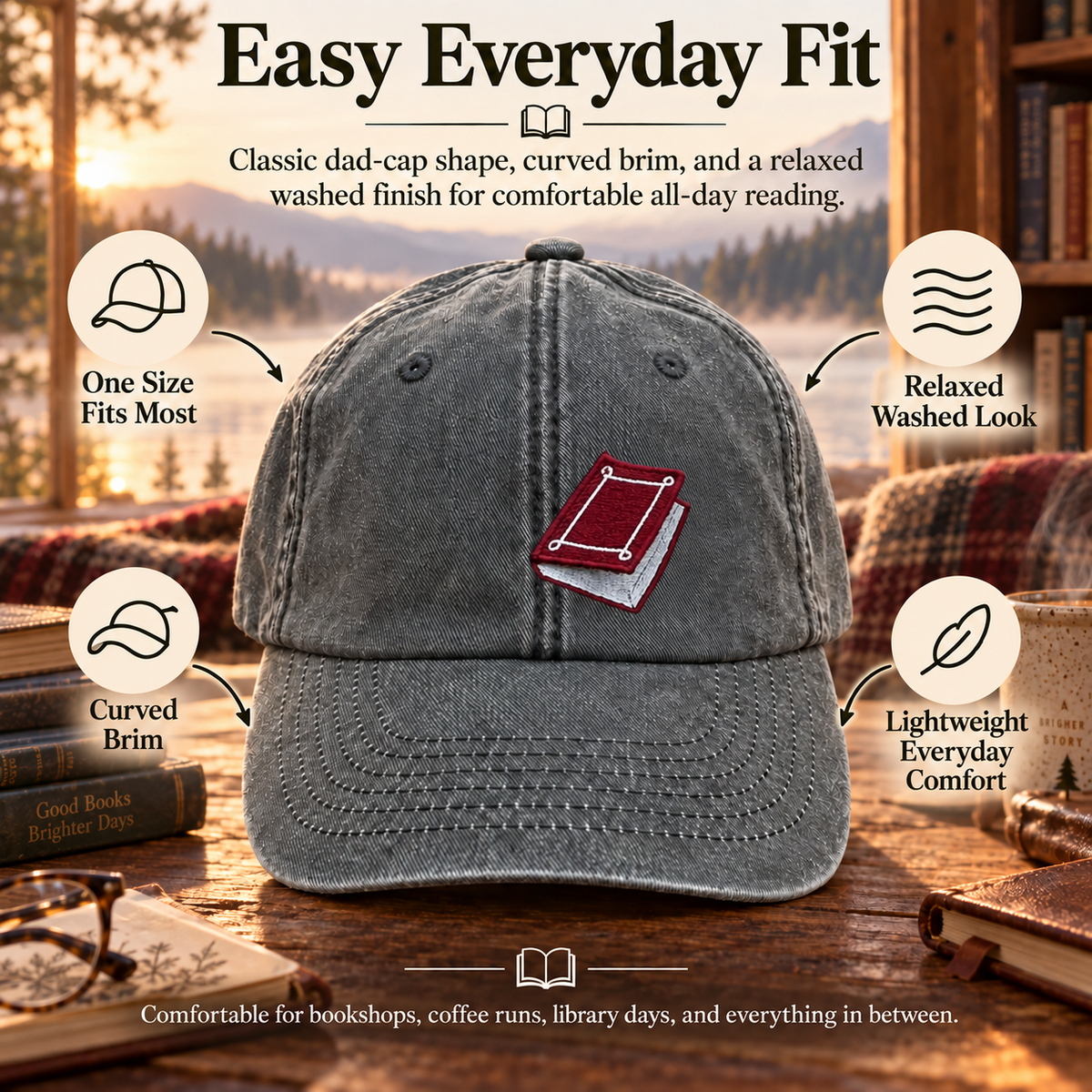 📚 Once Upon a Time Interactive Book Hat – Vintage Washed Reader Cap