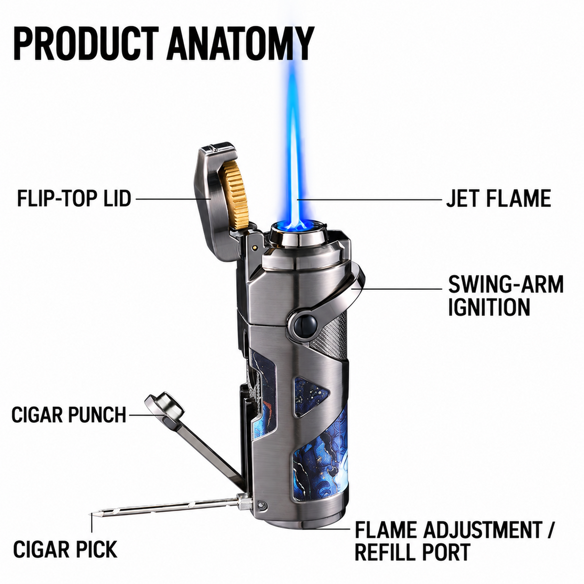 Premium 3-in-1 Jet Flame Cigar Lighter – Sleek Metallic Finish & Marble-Inspired Design
