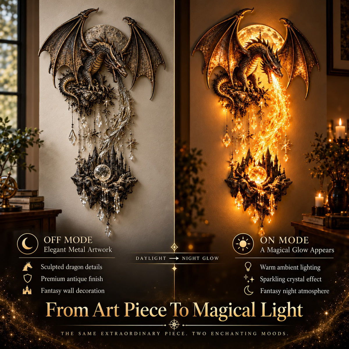 🔥 Last Day 49% OFF – 🐉 Dragonfire Moonlight Wall Lamp | Enchanted Fantasy Castle Decor 🌙