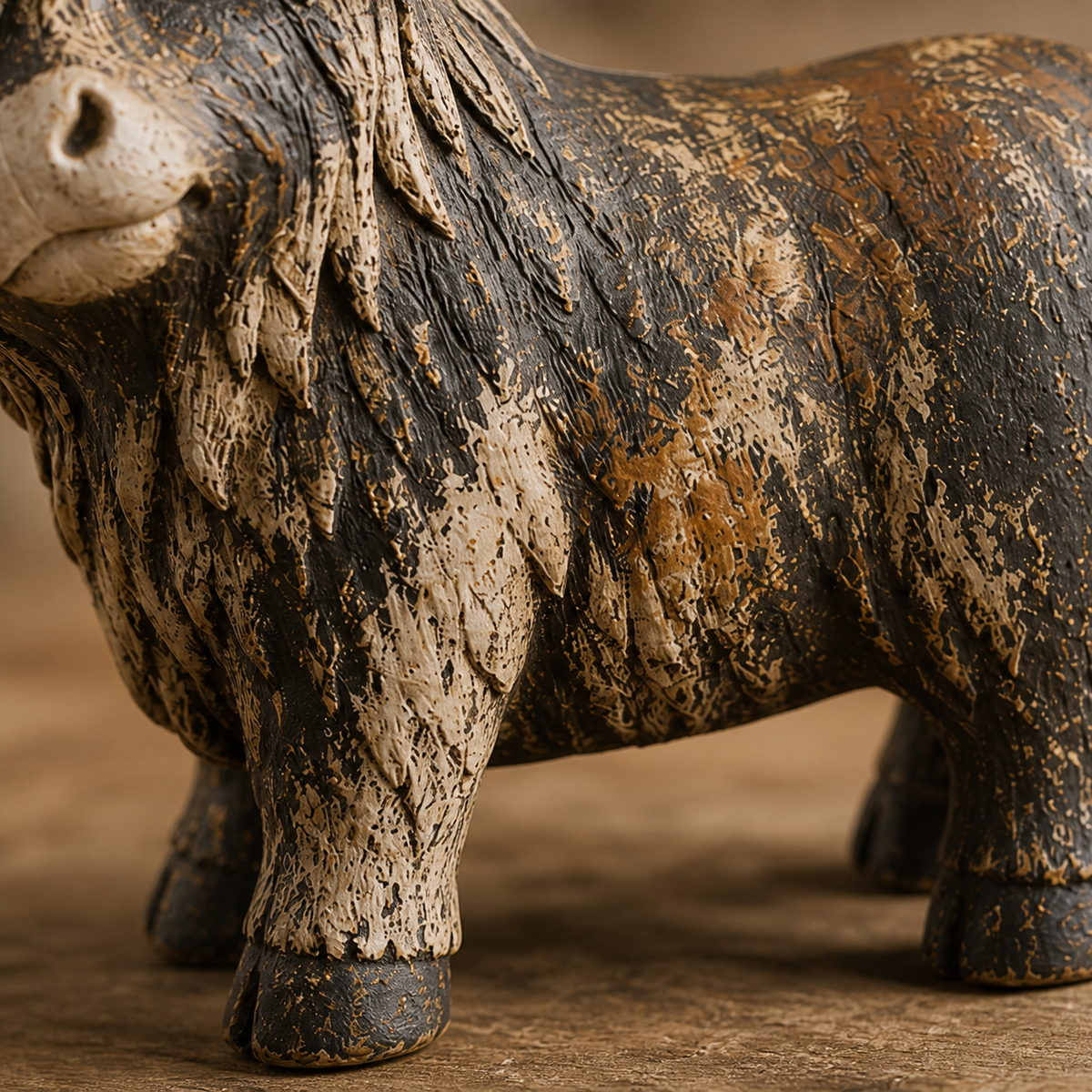 Close view of the Highland cow figurine's layered coat texture and distressed brown finish