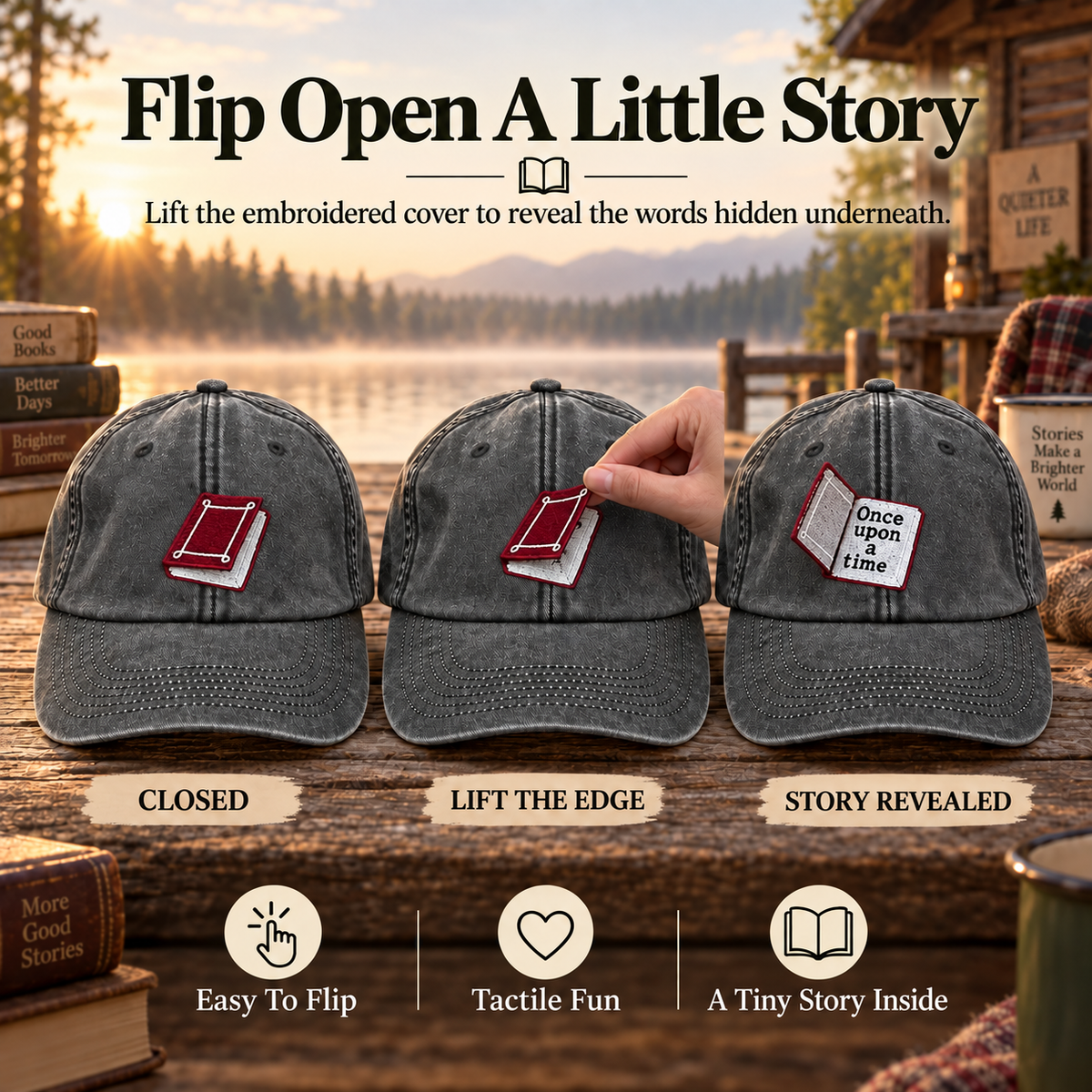 Three-step view of opening the embroidered book cover to reveal Once upon a time