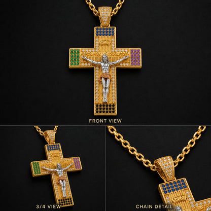 Multicolor Zircon Jesus Crucifix Gold‑Tone Stainless Steel Necklace