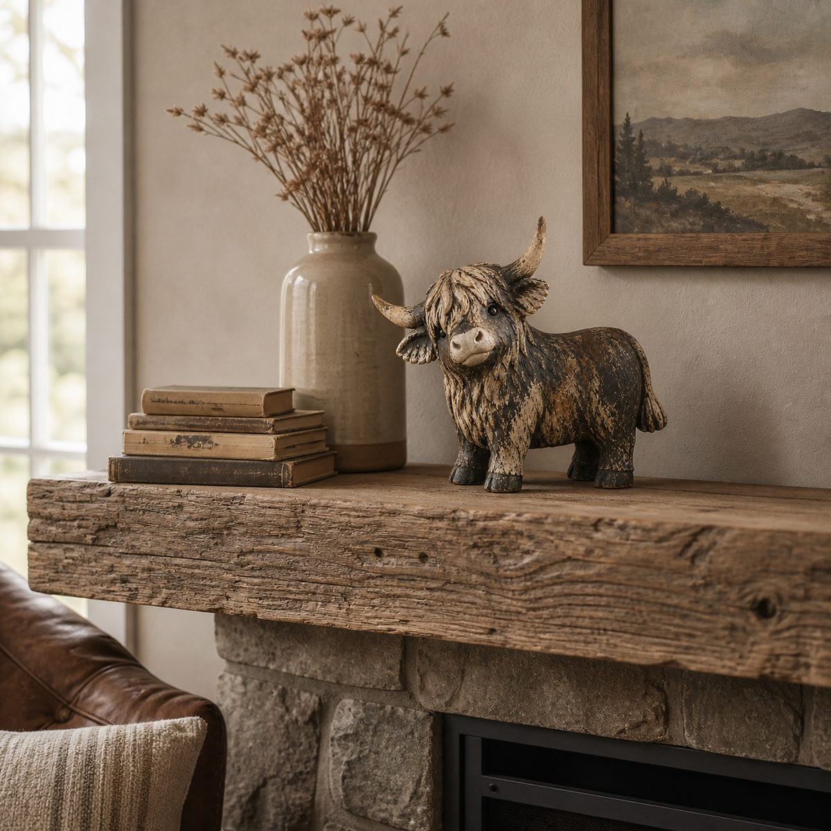 Highland cow figurine displayed on a rustic fireplace mantel