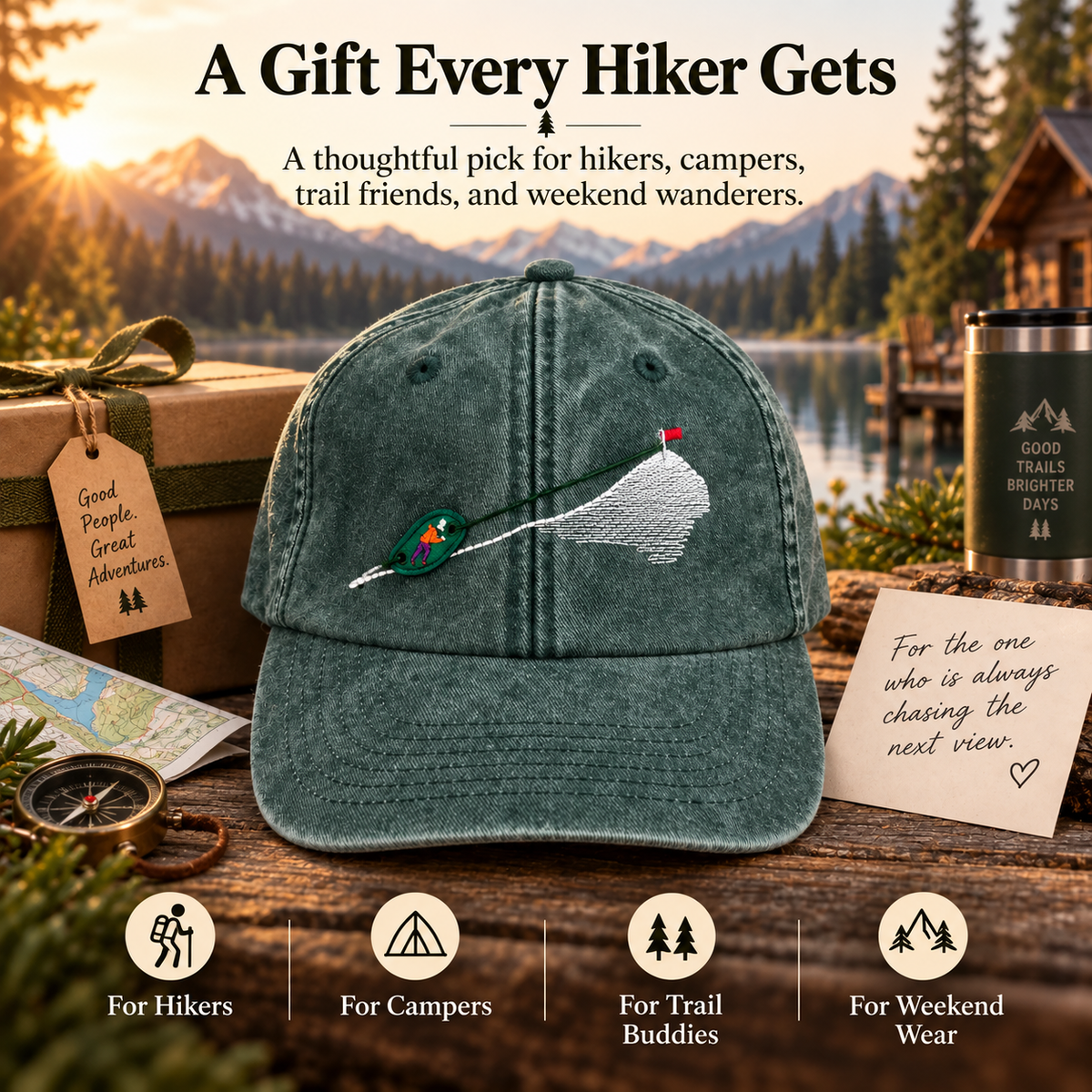 Interactive mountain climber hat presented as a hiking gift