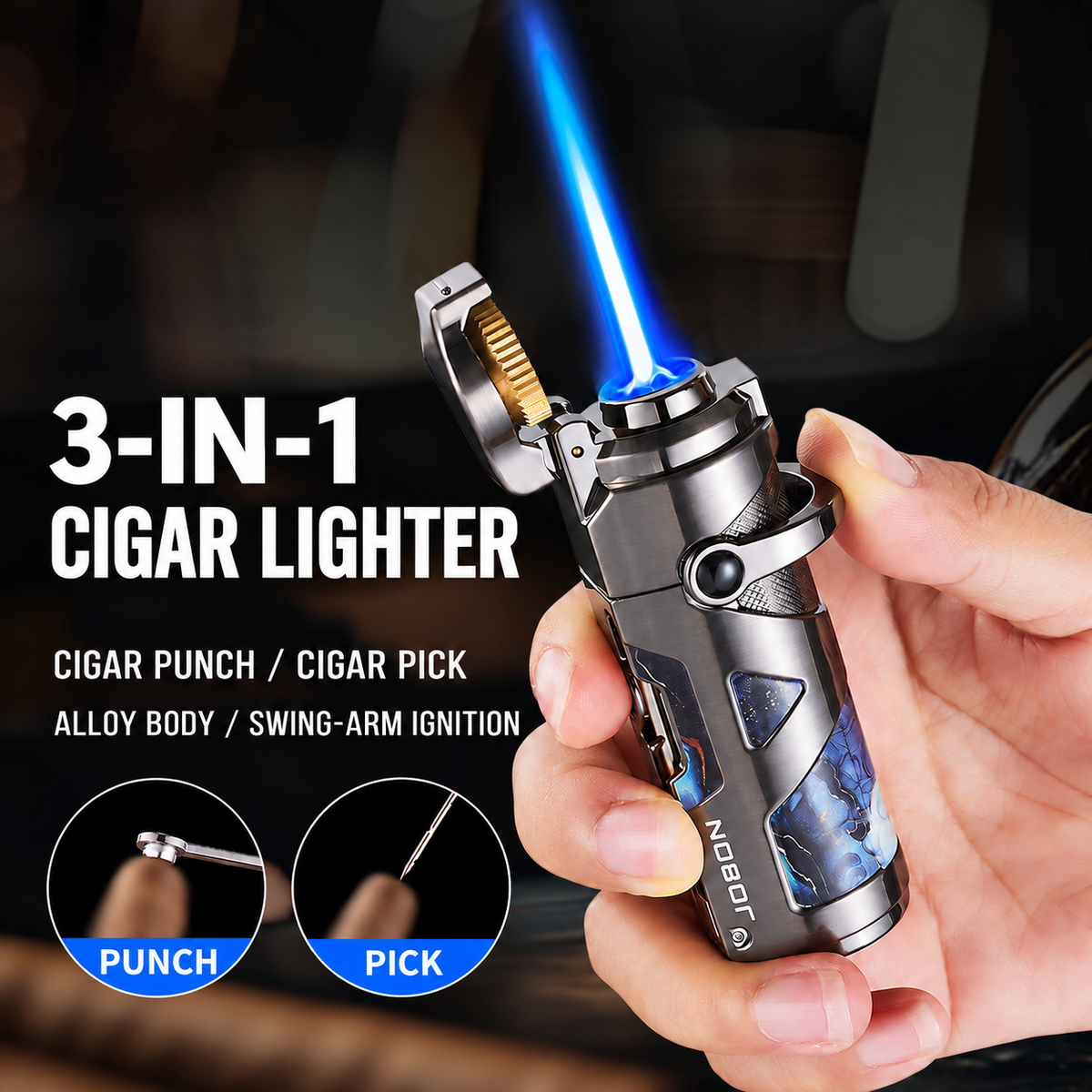 Cigar lighter held in one hand with jet flame, punch and pick shown
