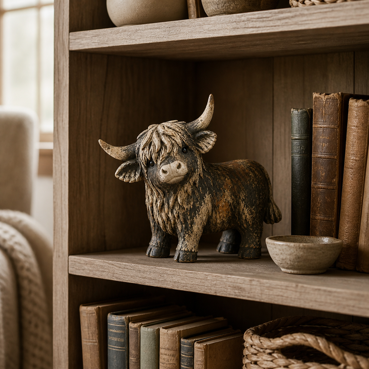 Highland cow figurine arranged on a wooden bookcase with vintage books