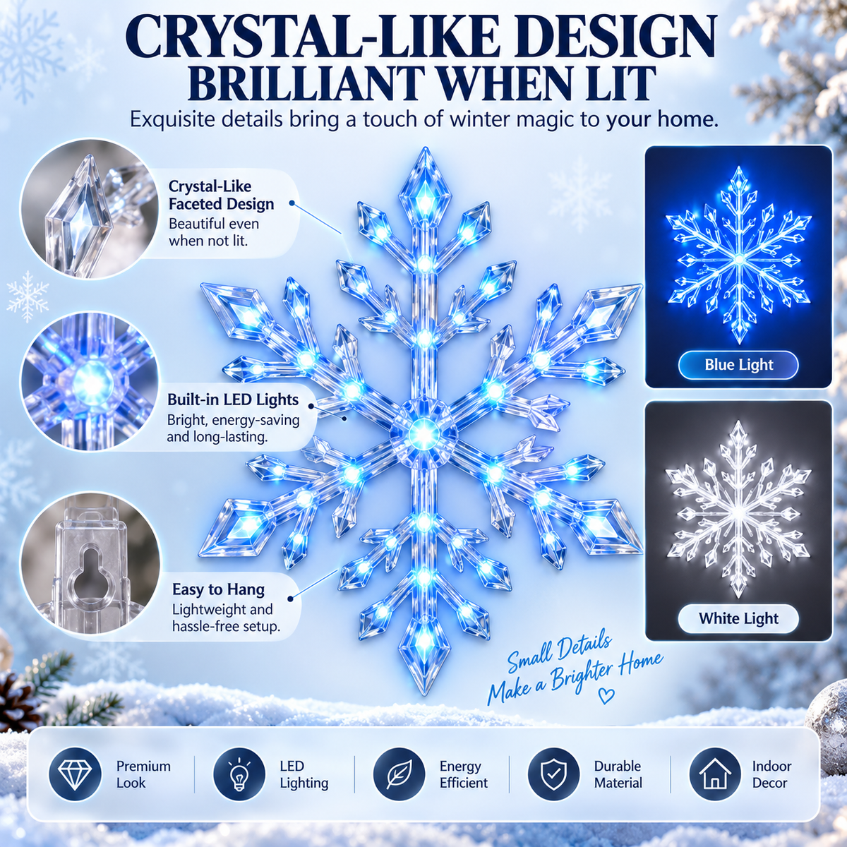 Close view of the faceted transparent snowflake, built-in LEDs and back hanging slot