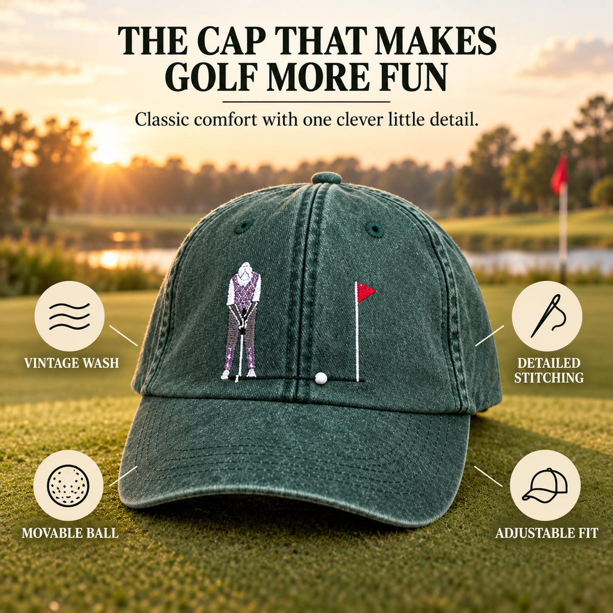 Interactive golf cap displayed beside a golf course