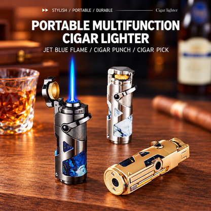 Premium 3-in-1 Jet Flame Cigar Lighter – Sleek Metallic Finish & Marble-Inspired Design